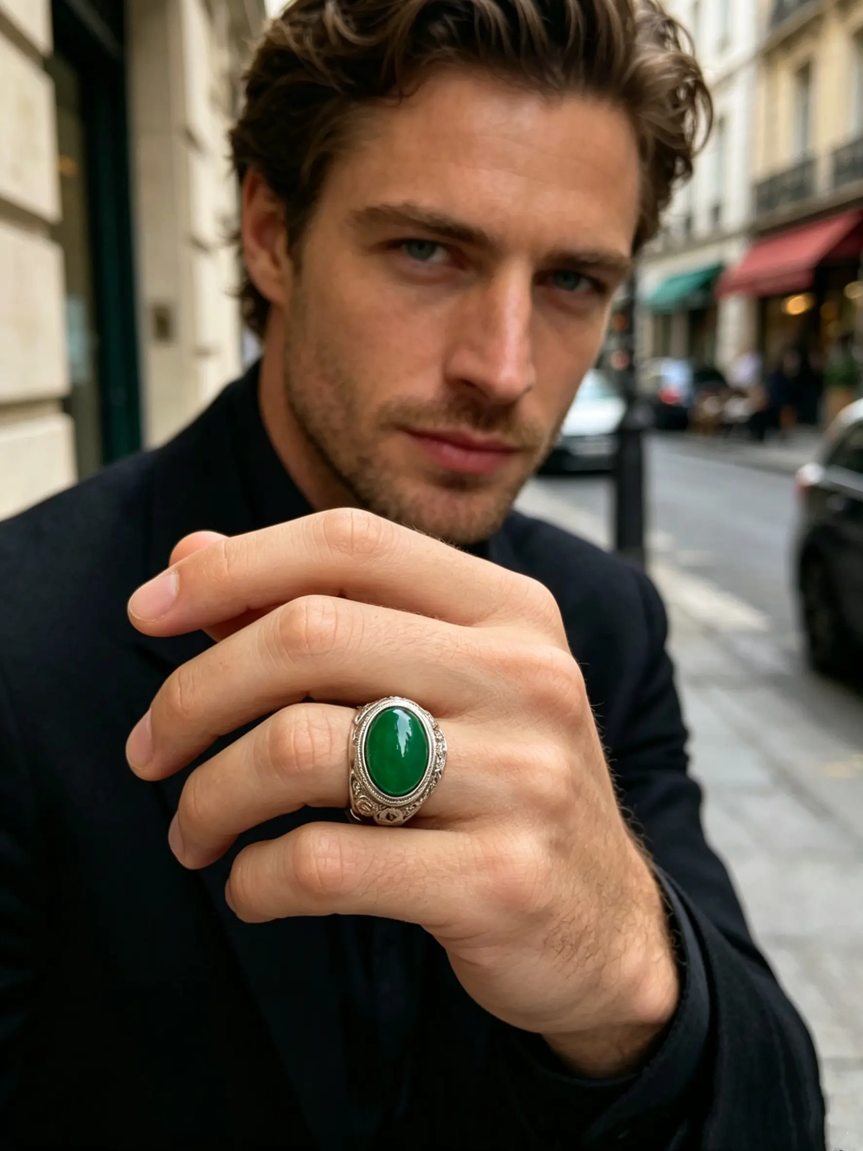 Fashionable Green Jasper Jade Alloy Ring For Men, Boho Style, Adjustable Size, It Is Suitable For Male To Wear Daily, All Seasons, Perfect Father's Day Gift