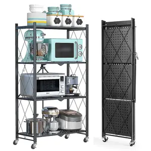4-Tier Storage Shelving Unit, Metal Shelf, Foldable Storage Shelf with Wheels, 27.9"x13.4"x49.72" Garage Shelf, Metal Storage Rack, Kitchen Shelf with 4 Hooks, No Assemble Require waterproof desk storage holders & racks stable floor sturdy home supplies