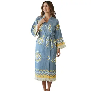 Jacquard Cotton Robe with Pockets, Yoga, Meditation Kimono Robe 100% Cotton Breathable Fabric, Beach Coverup Comfort Traditional Womenswear Comfortable Fit Gowns Loose Loungewear Nightwear Soft Woven Long Sleeve Strap