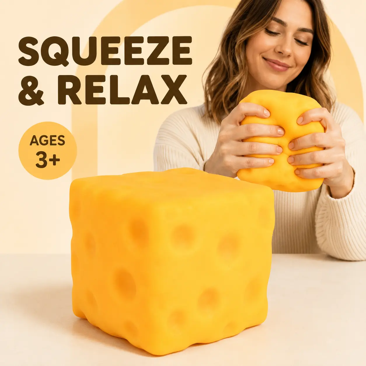 1-Pack Jumbo Cheese Squeeze Toy, 3.94-Inch Soft TPR Squishy Sensory Toy for Stress Relief, Fun Fidget Toy for Kids Ages 3+ and Adults