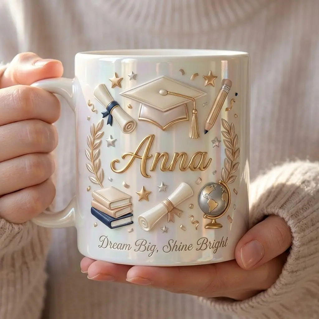 Personalized Dream Big Graduation Mug, 2D Printed 3D Effect Ceramic Coffee Cup with Pearl White Finish, Globe and Cap Design, Graduate Gift for Students, Perfect School Celebration Gift for Daughter Sister or Best Friend