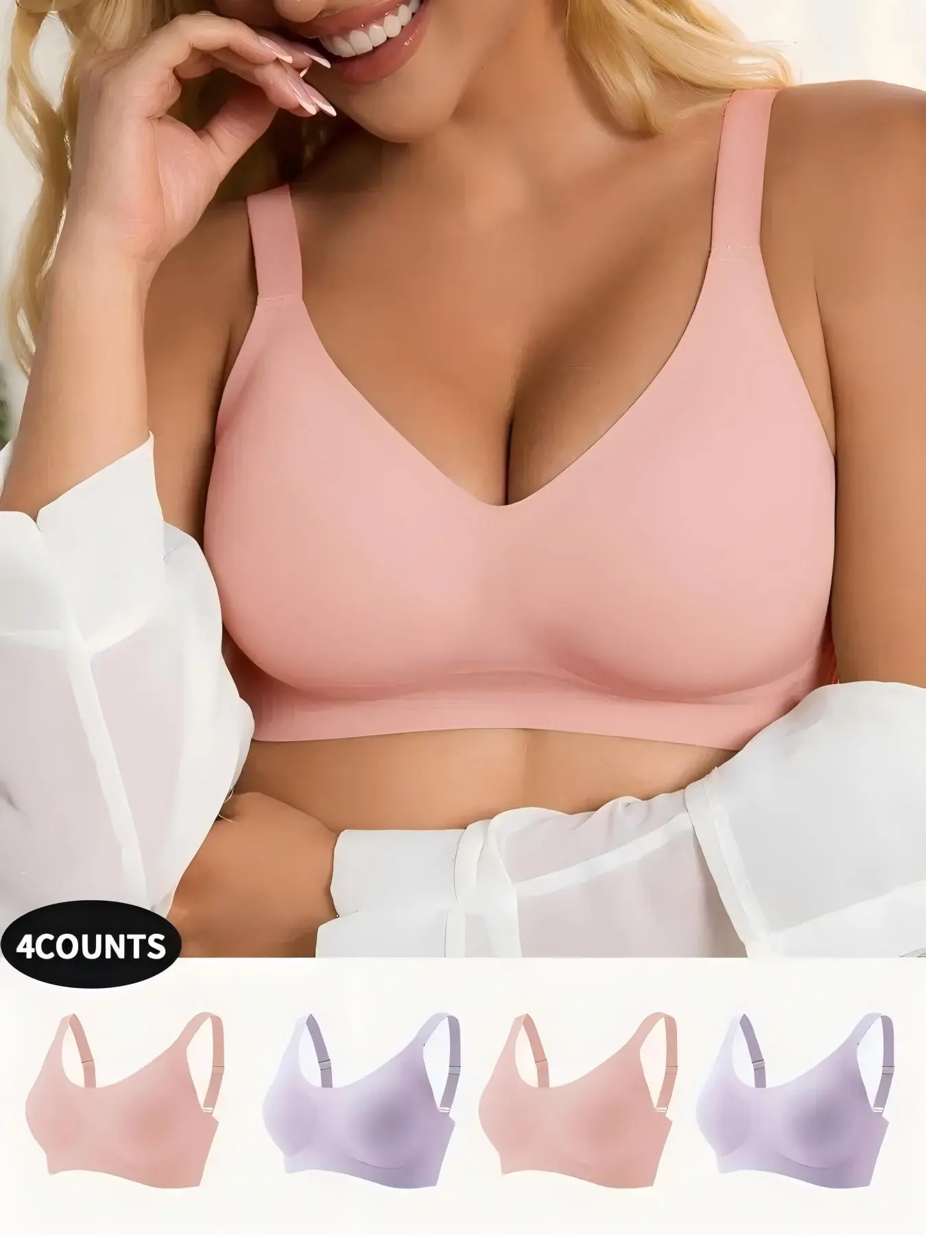 Women's 4-Pack Solid Seamless Bra Set, Wireless Bralettes, Adjustable Straps, Light Support, Smooth Back, Lined,lingerie bra， All Seasons