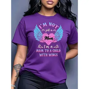 100% cotton women's Mother's Day short-sleeve top, featuring heart-shaped wings and letter prints, round neck design, comfortable and soft, breathable, suitable for spring, summer, and autumn, loose fit, casual and stylish, suitable for everyday wear