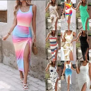 Ribbed Sleeveless Drawstring Ruched High Slit Dress