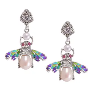 Sterling Silver Freshwater Pearl & Enamel Cicada Post Earrings Birthday Gift for Women