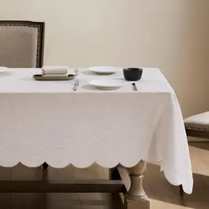 Flax Linen Tablecloths Scalloped Embroidery Rectangle 84Lx60W Inch for Dinners, Parties, Spring, Easter, Machine Washable, 6-8 Sets, Linen(Edges-)