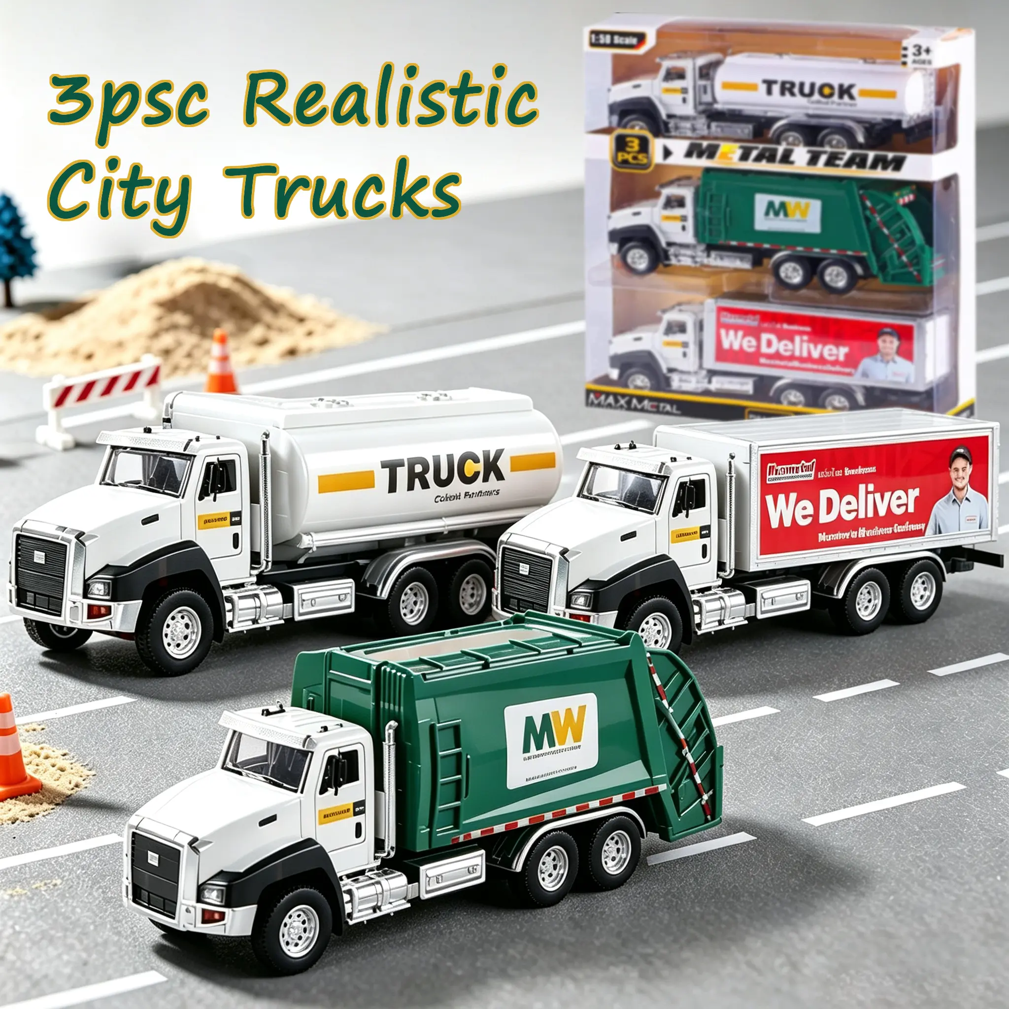 3PCS Pull Back Truck Toy Set, Metal City Service Vehicles with Garbage Truck, Delivery Truck & Tanker, Openable Parts, Gift for Kids Boys Girls 3+