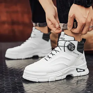 [Rotating Button Beige Hiking Boots] Men's High-Top Fashion Motorcycle Boots with Rotating Button - Durable, Non-Slip, Comfortable for Hiking & Casual Attire, Beige with Black Accents, Ideal for Autumn & Winter, Slip-resistant, Elastic, Hik