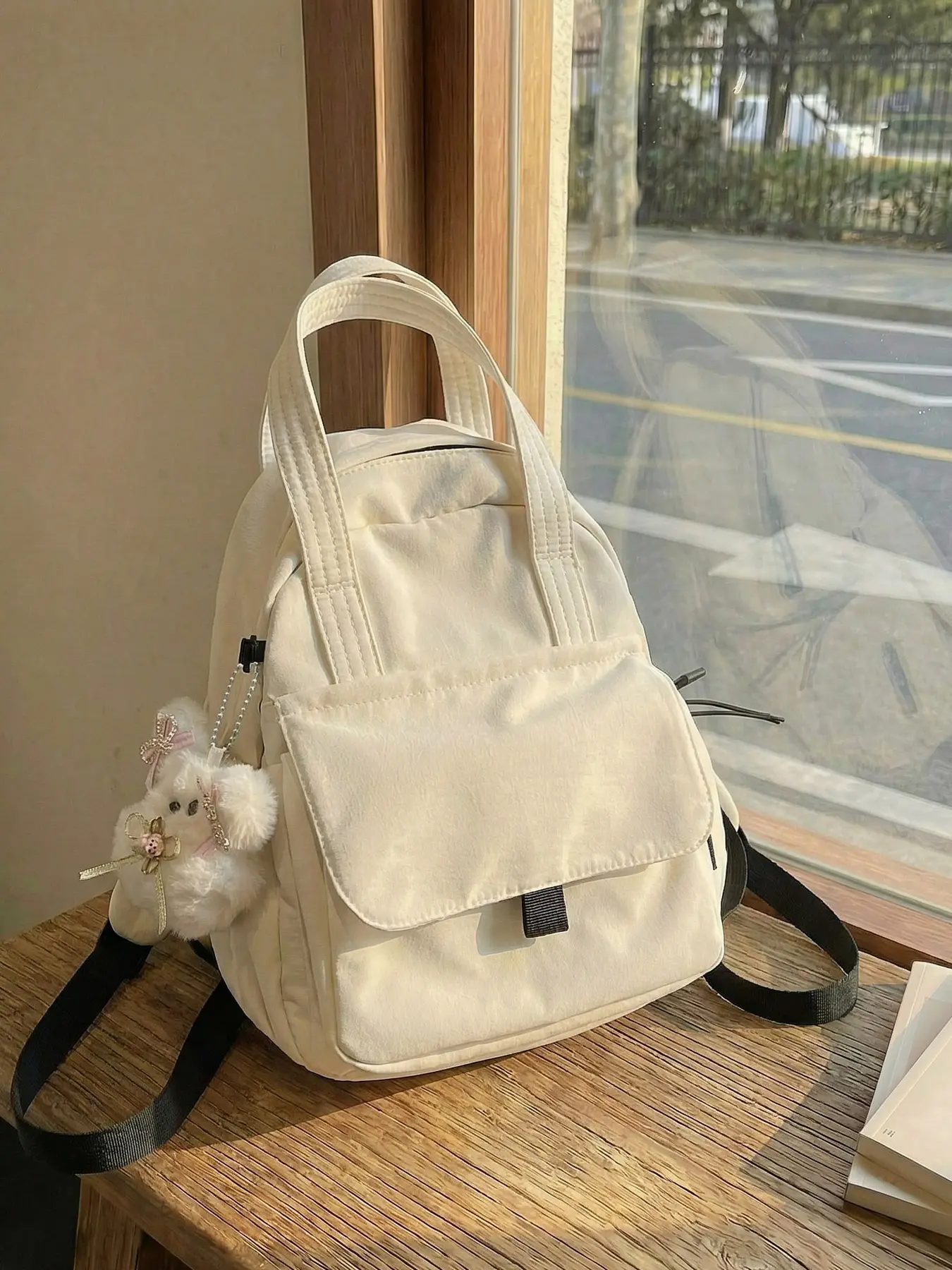 New Solid Color Fresh Large Capacity Backpack with Fluffy Cute Pendant for Students School Commute School Backpacks