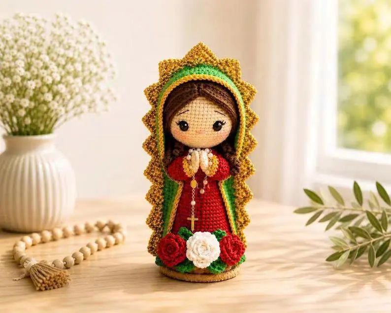 Handmade Crochet Our Lady of Guadalupe Prayer Doll – Catholic Religious Home Decor with Rosary and Floral Base, Available in Red, Pink and White