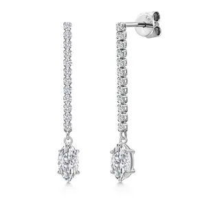 Gem Stone King 14K White Gold Gemstone Birthstone and White Lab Grown Diamond Long Liner Dangle Earrings for Women | Marquise Cut 8X4MM | Round 1.5MM | White Gold Chain Drop Earrings