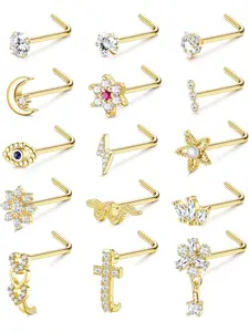 15 Pcs Golden Silvery Exquisite L-shaped Nose Studs for Women Men Surgical Steel Nose Studs Piercing Jewelry Set Delicate Nose Stud Vivid Snake Flower Nose Piercings for Daily Wear Summer Vacation