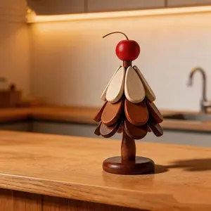 Foldable Christmas Tree Wooden Trivets 4Pcs Red Peace Fruit Heat Insulation Non-Slip Hot Pot Holder for Home Table Decoration