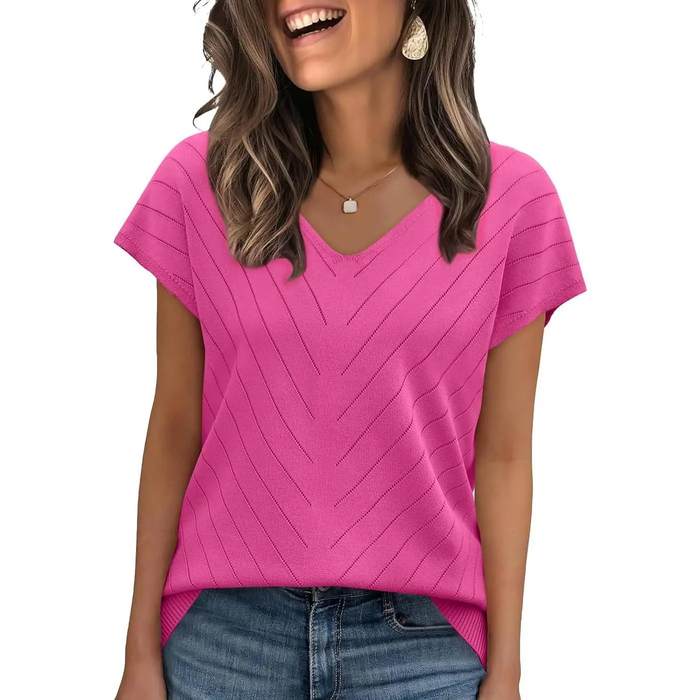 OFEEFAN Short Sleeve Sweater for Women V Neck Trendy Summer Tops 2025 Beach Vacation Clothes Travel Business Casual Outfits