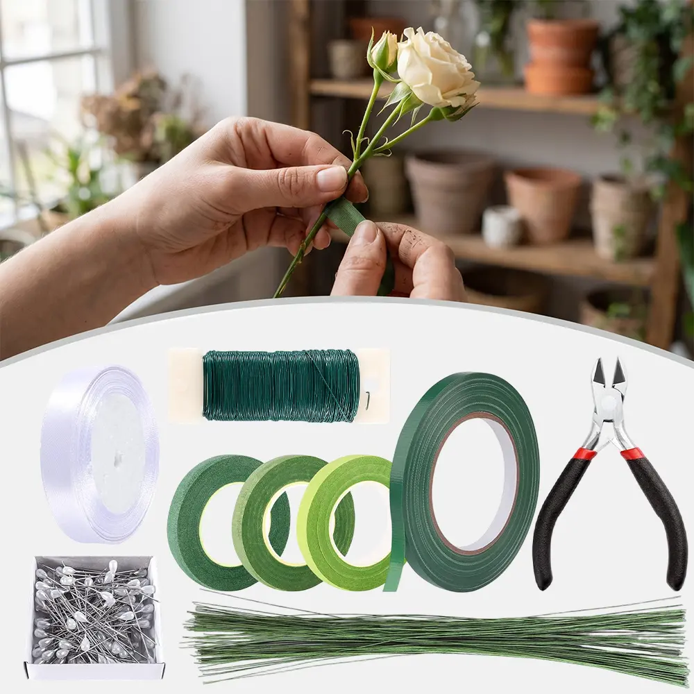 Floral Supplies Kit - Floral Wire, Green Stem Tape, Ribbon, Diagonal Pliers and Pearl Corsage Pins, Perfect for DIY Bouquets, Corsages, Boutonnieres, Wedding & Home Decor