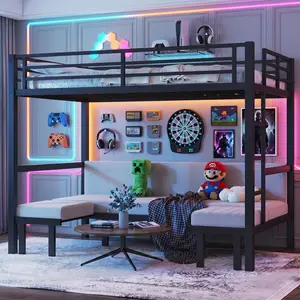 Eyisean Twin XL Over Twin XL/Full Over Full/Queen Over Queen Size Futon Bunk Bed, Heavy Duty Loft Bed with Sofa, Lower Bunk can be Pulled Out in Three Sections, Metal Bunk Bed with Safety Guardrails for Adults, Bedroom, Not Included LED