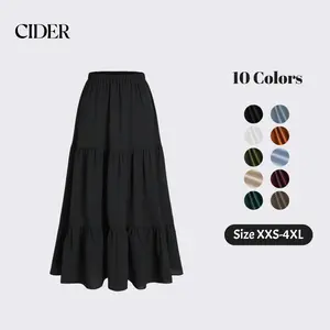 Cider Solid Elastic Waist Ruffle Hem Tiered Maxi Skirt
