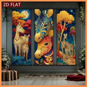 3-Piece Zebra Scroll Art Print, HD Plastic Wall Hanging Canvas, Vibrant Animal & Nature Designs, Living Room Bedroom Decor