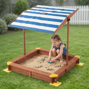 Kids Sandbox with Cover, 46" Wooden Sand Box w/Adjustable Canopy, Large Outdoor Cedar Sandpit for Backyard Play ,kids outdoor play outdoorfun, playset