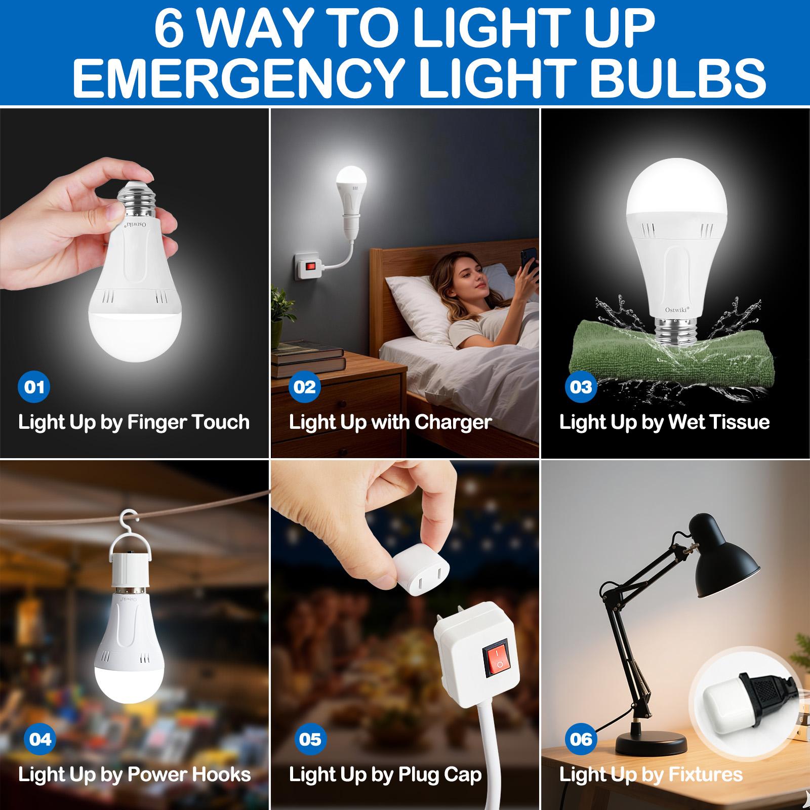 OSTWIKI 6 Pack Rechargeable Emergency Light Bulbs A19, Camping Lamp Battery Powered LED Light Bulb 3000K Daylight E26/E27 120V 9W with 1200mAh for Home Power Outage, Camping, Hurricane OSTWIKI 6 Pack Rechargeable Emergency Light Bulbs A19, Camping Lamp Battery Powered LED Light Bulb 3000K Daylight E26/E27 120V 9W with 1200mAh for Home Power Outage, Camping, Hurricane