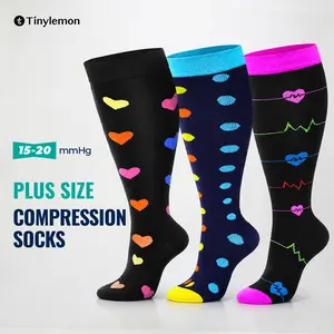 Tinylemon 3 Pairs Plus Size Compression Socks for Women and Men, 15-20 mmHg Wide Calf Knee High Support Socks, Breathable Nylon Travel Nurse Running Socks