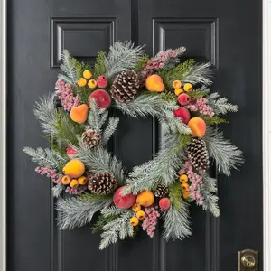 Frosted Fruit - Sugared Apple, Pears, Crated Berries with Flocked Pine & Pinecones Christmas Holiday Front Door Wreath