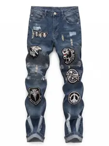 Men'S Motorcycle-Inspired Slim-Fit Straight-Leg Jeans with Multi-Embroidered Badges - Heavy-Duty Washed Denim, All-Season Casual Streetwear, Biker Patches  - Versatile for Everyday  -008 baggy jeans for men jeans pants for men skinny jeans denim