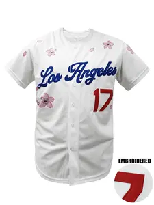 Men's Letter & Figure Patched Button Front Baseball Jersey, Casual Loose Short Sleeve V Neck Baseball Top, Baseball Shirt for Fall & Winter, Baseball Christmas Gifts