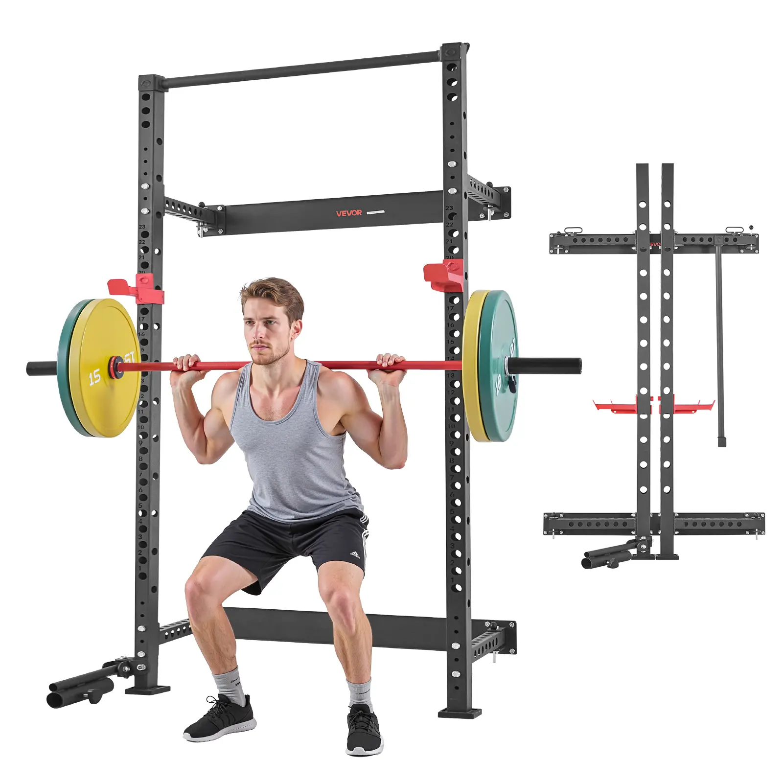 VEVOR Folding Steel Frame Power Cage, Wall-Mounted Squat Rack, Multifunctional Strength Training Equipment with Landmine Holder, Adjustable J-Hooks & Pull-Up Bar for Home Gym, 1000lbs Cap.