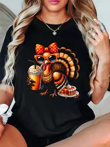 Turkey Drinking Coffee Bow Thanksgiving Womens Turkey Day T-Shirt women's graphic tees