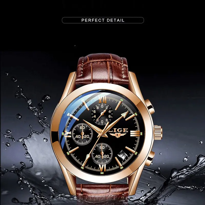 LIGE Men's Classic Analog Quartz Chronograph Watch - Business Fashion, Multifunctional, Waterproof, Round Face, PU Leather & Cow Hide Wristwatch, Waterproof Wristwatch, 42Mm, 1.65 Inch, Circular Face, Business Use, 3 Subdials, 1 Month