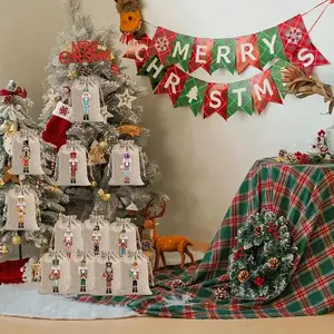 12pcs Christmas Linen Gift Bags with Drawstring, Unique Nutcracker Designs, Small Holiday Party Favor Bags for Jewelry, Treats & Decorations