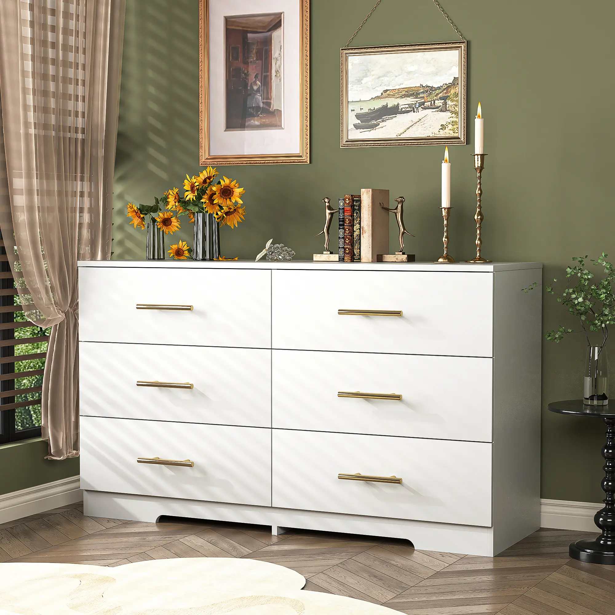 Spaco White Dresser for Bedroom, Modern Large 6 Drawer Dresser w/Gold Handle,Storage Chest of Drawers,Wood TV Stand Dresser,Dresser Bedroom Furniture