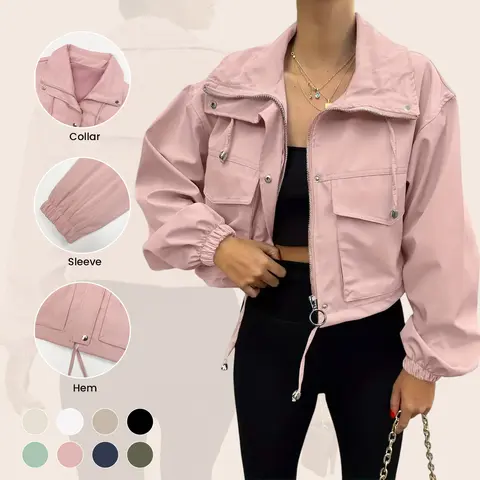 ASWULK Women's Cropped Utility Coat - Oversized Lightweight Zip Up with Snap Buttons and Pockets Adjustable Drawstring Spring Fall Woven