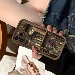 Vintage Floral Bookshelf Pattern TPU Phone Case for IPhone 16 15 14 Pro Max 13 12 11 XR XS Plus Shockproof Non Slip Military-Grade Protection Silicone Cover