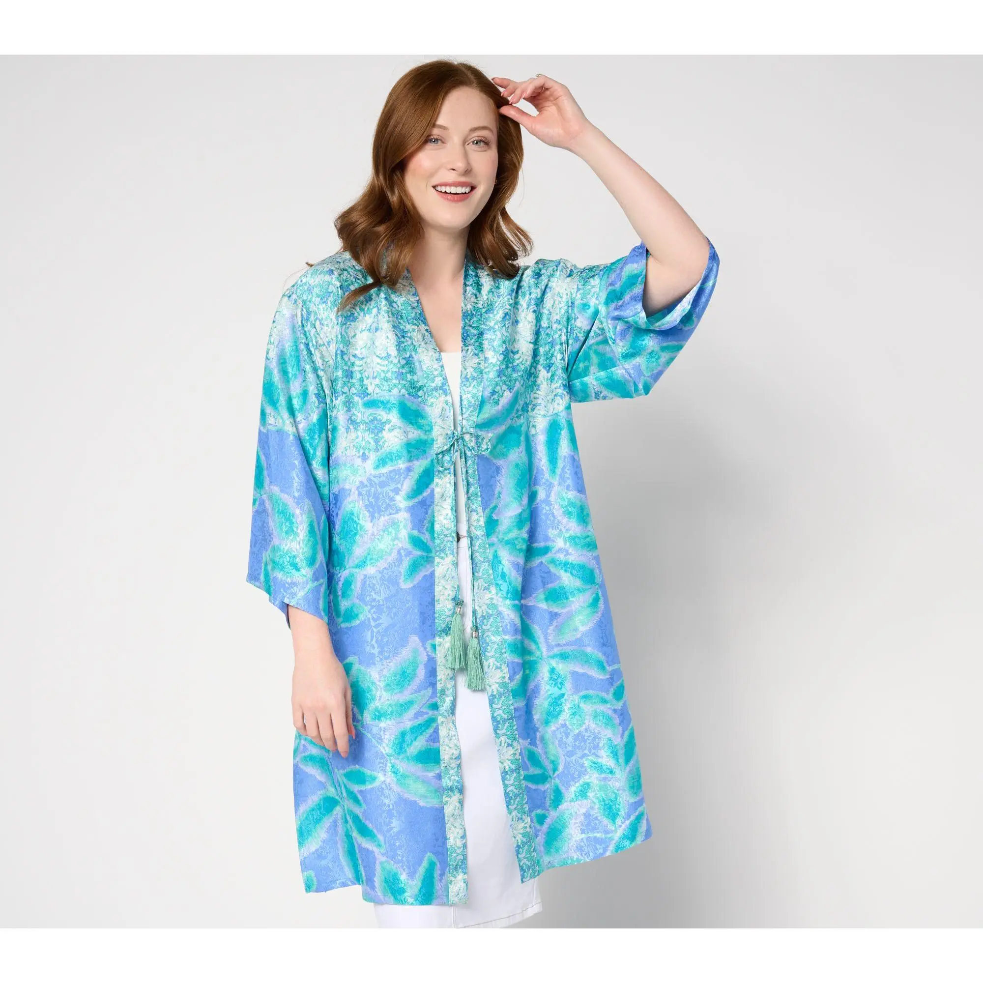 Susan Graver Passport Petite Printed Woven Jacquard Duster with 3/4 Sleeve