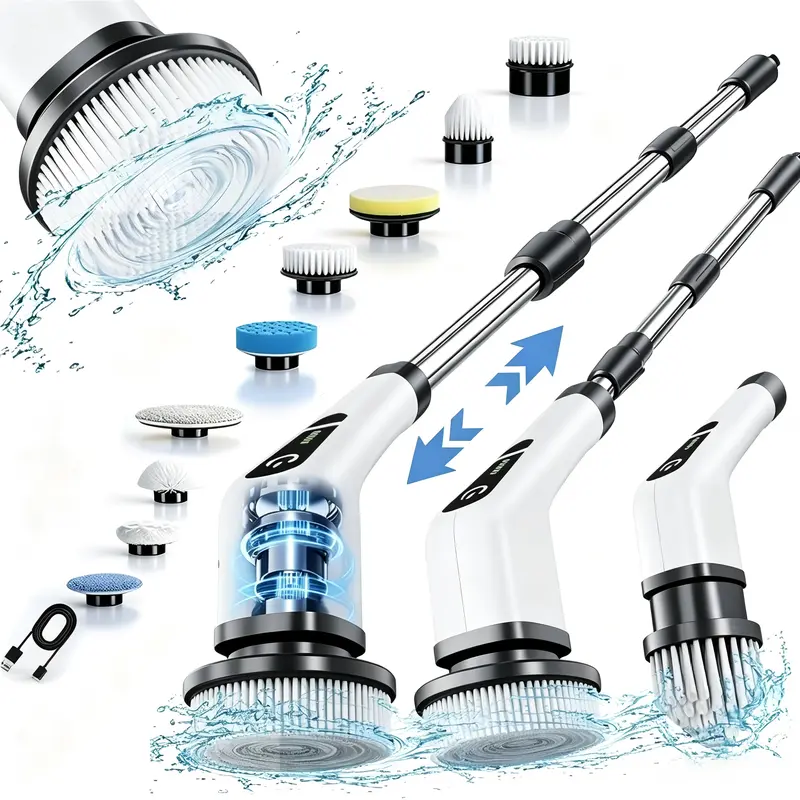 Electric Spin Scrubber, Cordless Shower Scrubber, IPX7 Waterproof Power Scrubber,Electric Cleaning Brush with 9 Replaceable Brush Heads, 5 Speed Modes Extendable Handle for Bathroom,Shower, Tile, Tub, Floor, Kitchen Cleaning Supplies.techvibes
