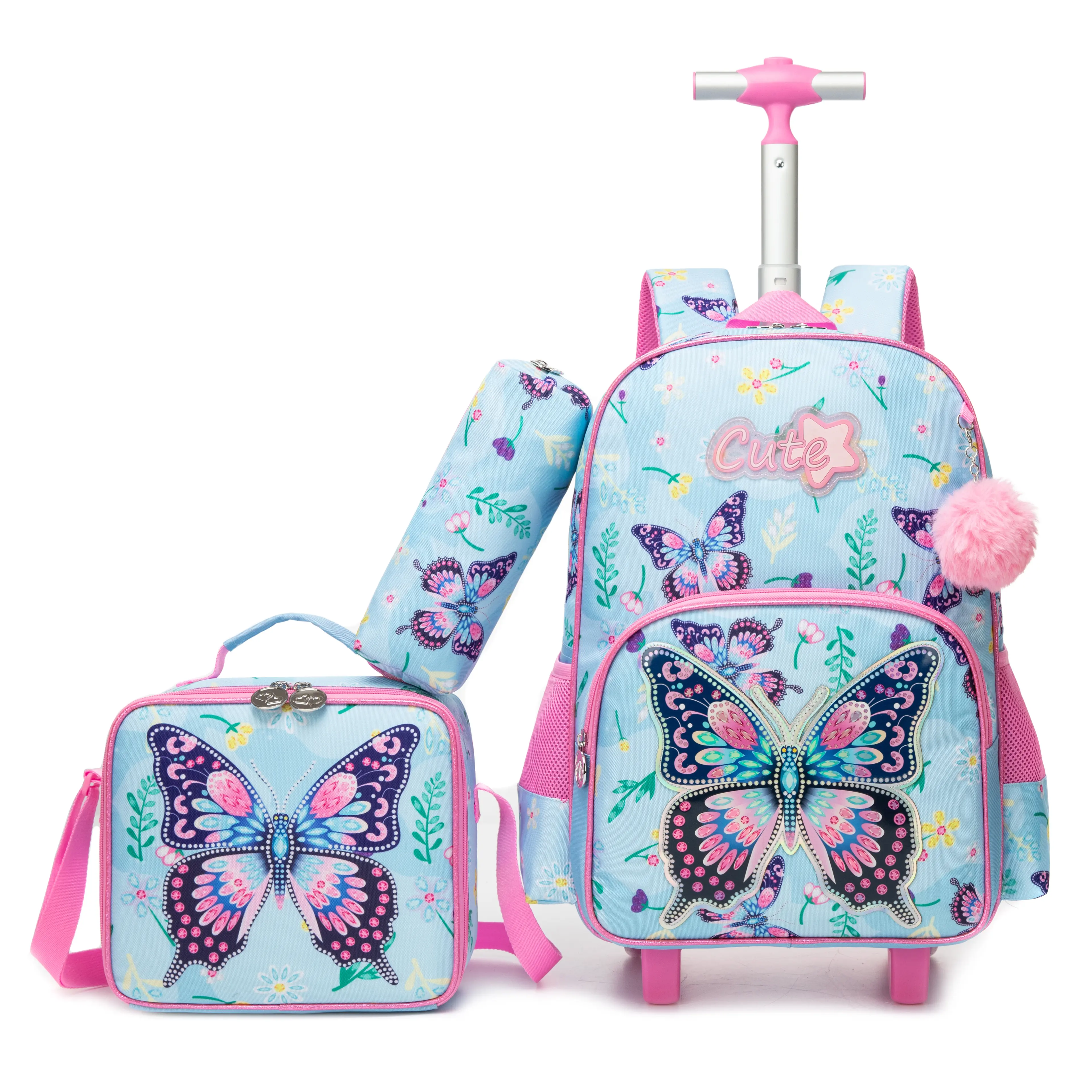 Glitter Rhinestone Butterfly Rolling Backpack Set, 3-in-1 Wheeled School Bag with Matching Insulated Lunch Bag & Pencil Case, Adjustable Telescopic Handle for Elementary School Girls