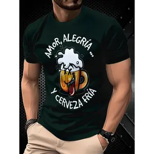 Mens Casual Short Sleeve T Shirt Featuring Beer Mug Graphic and Spanish Text Round Neck Summer Tee Durable Washable Regular Fit Humorous Dark Green Shirt