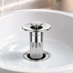 Pop-Up Bathroom Sink Stopper, 304 Stainless Steel Hair Catching Basket, Brass Handle Drain Cover, Anti-Clog Plug for Sink Tub Shower Floor Drain