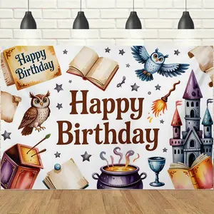 1pc 2D Magic Academy Style Happy Birthday Backdrop Banner with Owl & Cauldron Elements, Fantasy & Retro, Ideal for Harry Potter Themed Parties, Magic Gatherings, Birthday Photo Walls & Event Decor