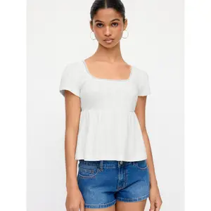 Cider 100% Cotton Scoop Neck Babydoll Lace Trim Peplum Short Sleeve Top