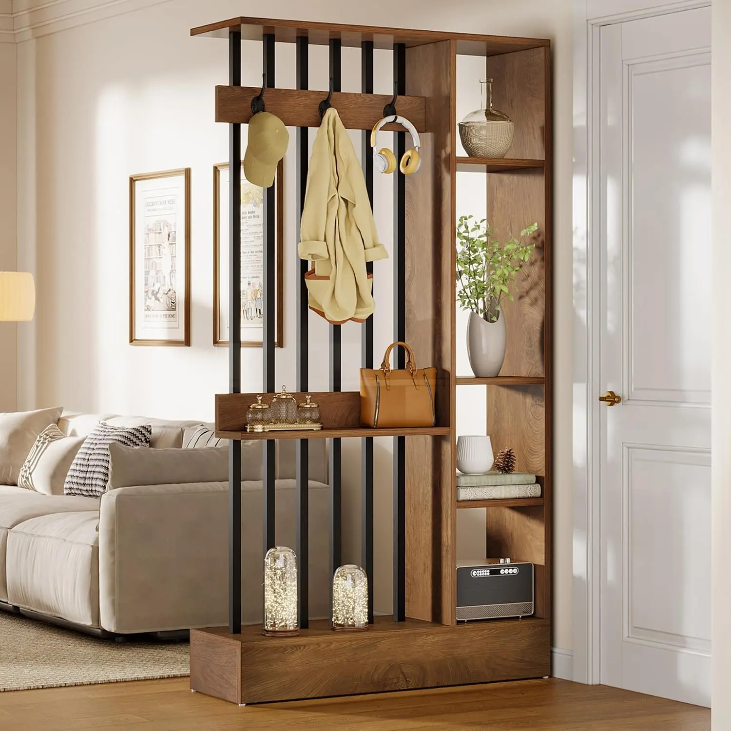 Tribesigns 71" Room Divider with Shelves & Coat Hooks, Freestanding Privacy Partition for Bedroom, Living Room & Home Office, Modern Space Divider