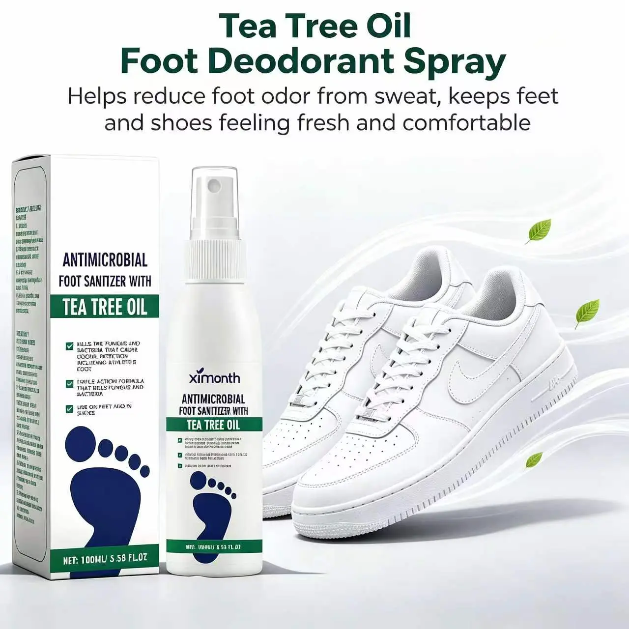 Tea Tree Oil Foot Spray - Plantar Moisturizing Deodorant for Odor Control & Dry Feet Care, Natural Foot Sanitizer with Antifungal Properties,Ximonth Clear Foot Sanitizer Spray,for Foot & Shoe Freshness deodorize nail
