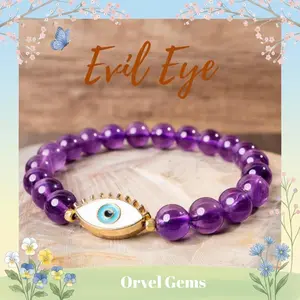 Evil Eye Healing Crystal Bracelet | 8mm Smoky Quartz, Tiger's Eye, Lapis Lazuli, Amethyst, Howlite, Red Agate, Orange Agate, Garnet, Chrysocolla Beads | Unique Handmade Jewelry for Positive