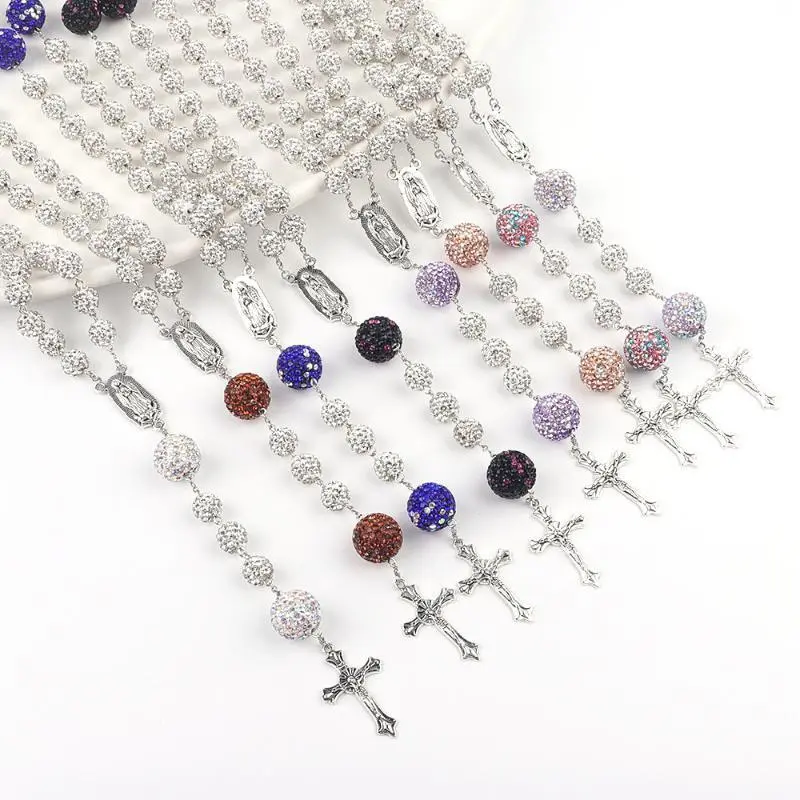 Long rosary cross necklace Sweater necklace Diamond gradient ball chain Men's and women's accessories Crystal cross pendant Long rosary cross necklace Sweater necklace Diamond gradient ball chain Men's and women's accessories Crystal cross pendant