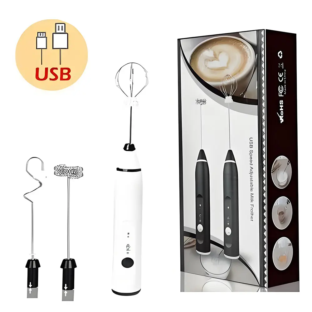 Handheld Drink Mixer, Electric Stainless Steel USB Rechargeable Double Whisk Milk Frother with Adjustable Speeds, Coffee & Egg Mixing Kitchen Utensil, US Stock