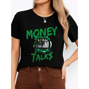 Money Talks Graphic Tee Black Casual Wear Personalized Unisex Women's Top All Season Comfortable Breathable Short Sleeve T-Shirt Suitable For Any Outfit Made In Usa