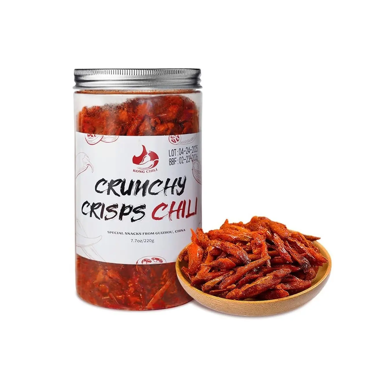 KONGCHILI Chinese Spicy Crispy Chili Snack with Sesame Seeds,Crispy Fried Spicy Chips, No MSG, Zero Sugar,Halal Certified Vegan Snack,Ready To Eat, 7.7oz,220g,Gourmet Crunchy Chili Crisp for Gifting & Parties