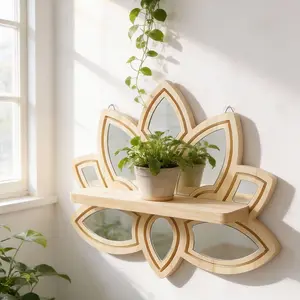 1pc Lotus Flower Wooden Wall Shelf with Mirror, 13.18" Boho Floating Shelf, Rustic Decor for Living Room, Bedroom, Bathroom, Yoga Room